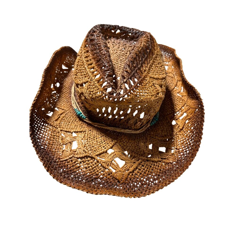 Two Tone Brown Woven Cowgirl Hat w/ Beaded Embellishments